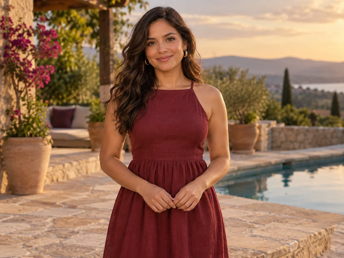 Mujer con vestido rojo en una terraza